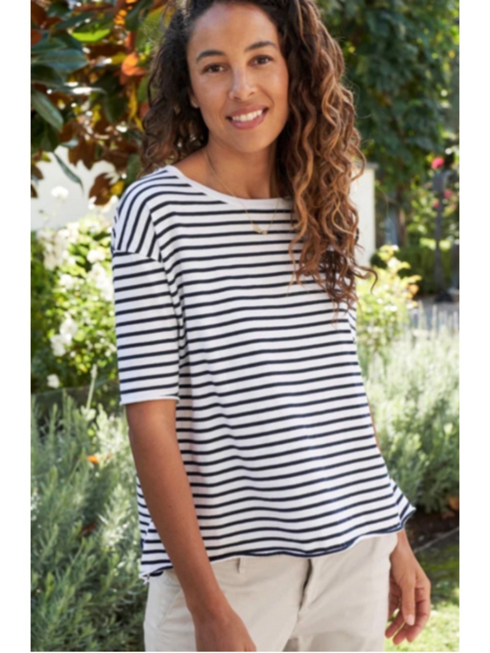 New FRANK & EILEEN Josephine French Blue Short Sleeve Striped Tee L